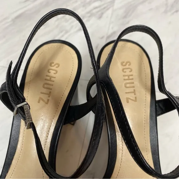 Schutz Kelsie Platform Black Leather Heeled Sandal 8 1/2 B