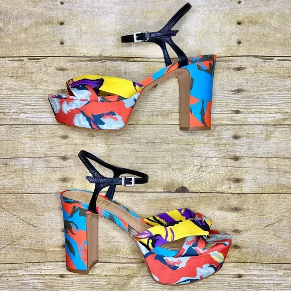 SCHUTZ Publia Platform Block Heel Sandal Satin Multicolor Limited Edition