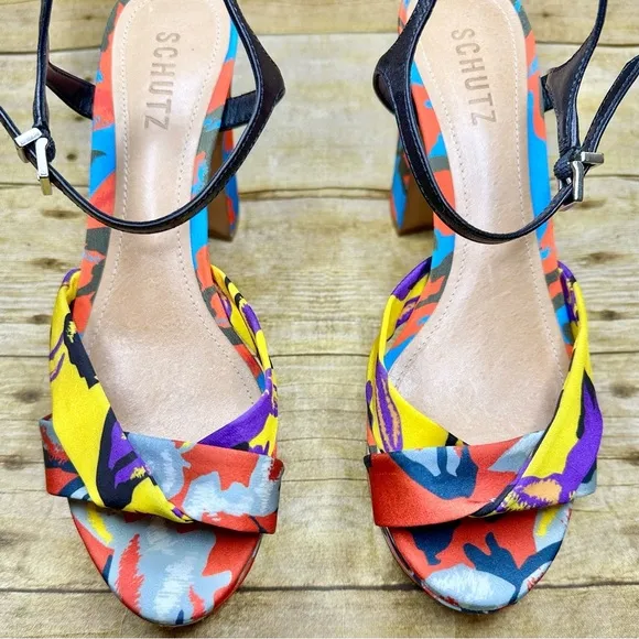 SCHUTZ Publia Platform Block Heel Sandal Satin Multicolor Limited Edition