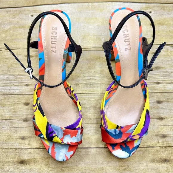 SCHUTZ Publia Platform Block Heel Sandal Satin Multicolor Limited Edition