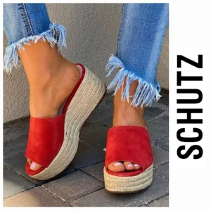 Schutz Red Suede Slide Espadrille Wedge Sandals