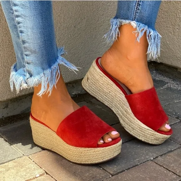 Schutz Red Suede Slide Espadrille Wedge Sandals