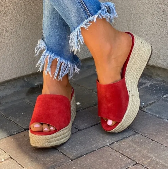 Schutz Red Suede Slide Espadrille Wedge Sandals