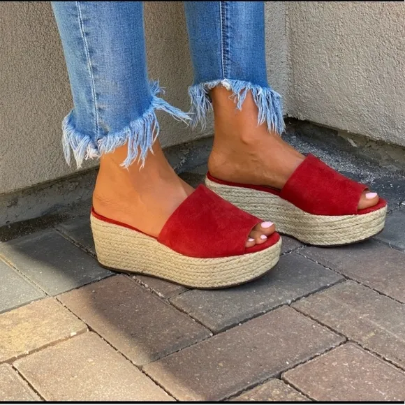 Schutz Red Suede Slide Espadrille Wedge Sandals