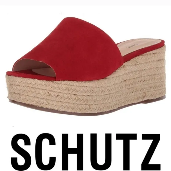 Schutz Red Suede Slide Espadrille Wedge Sandals