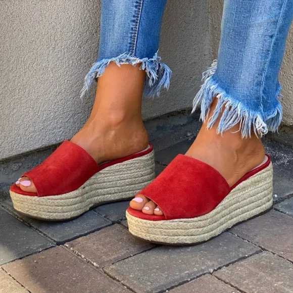 Schutz Red Suede Slide Espadrille Wedge Sandals