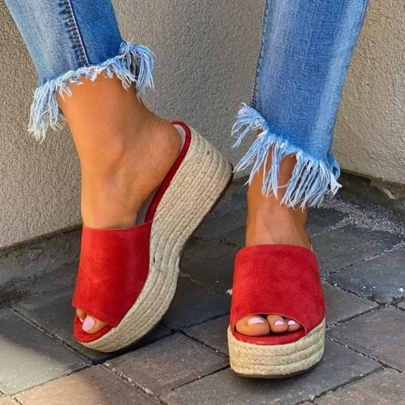 Schutz Red Suede Slide Espadrille Wedge Sandals