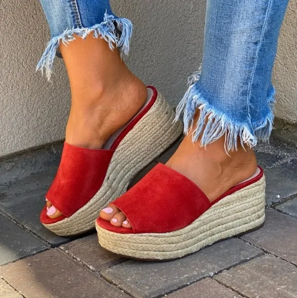 Schutz Red Suede Slide Espadrille Wedge Sandals