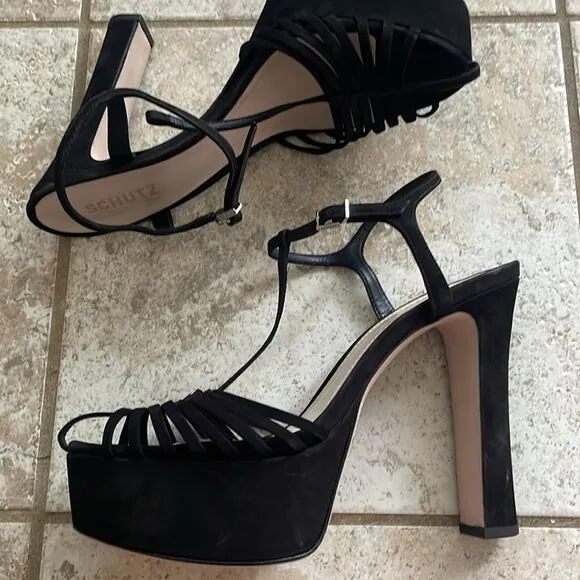 Schutz Roxi Nubuck T-strap Platform Sandals In Black