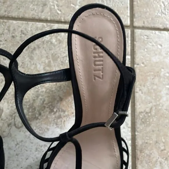 Schutz Roxi Nubuck T-strap Platform Sandals In Black