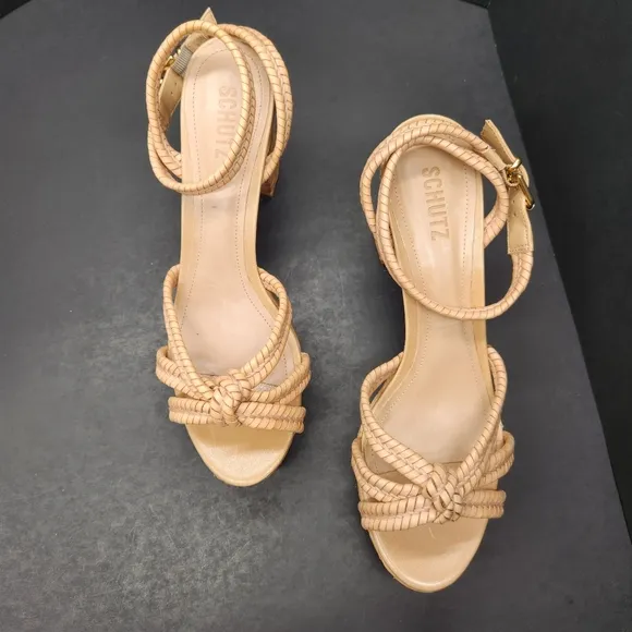 Schutz sandals women's 10.5B tan leather Kareena heels platform chunky new $178