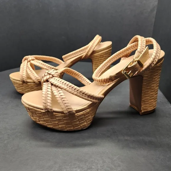 Schutz sandals women's 10.5B tan leather Kareena heels platform chunky new $178