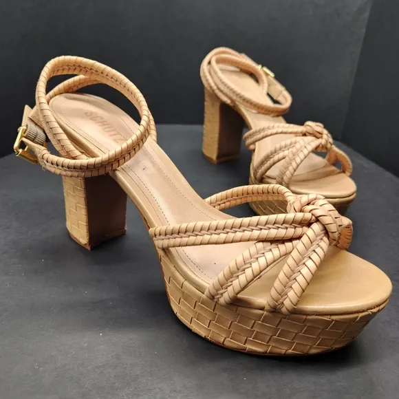 Schutz sandals women's 10.5B tan leather Kareena heels platform chunky new $178
