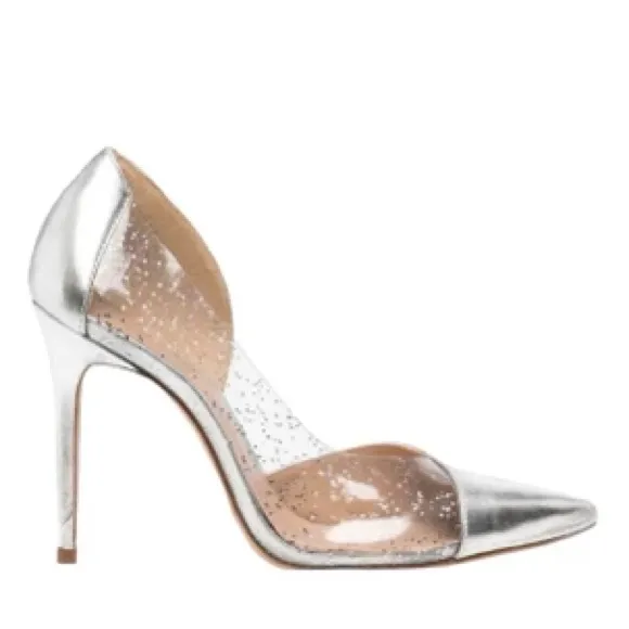 Schutz Silver Metallic Leather Clear Vinyl Stiletto Pumps Women’s Size 8.5