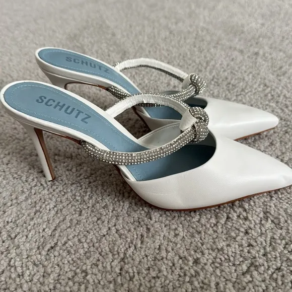 Schutz White Heeled Mules with Rhinestone Strap - Size 6.5