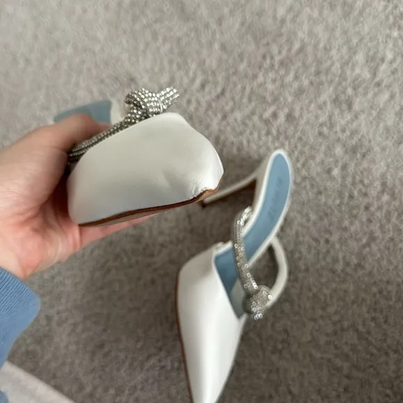 Schutz White Heeled Mules with Rhinestone Strap - Size 6.5