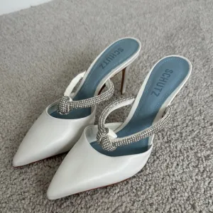 Schutz White Heeled Mules with Rhinestone Strap - Size 6.5