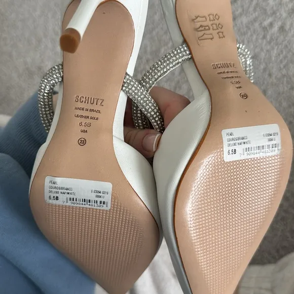 Schutz White Heeled Mules with Rhinestone Strap - Size 6.5