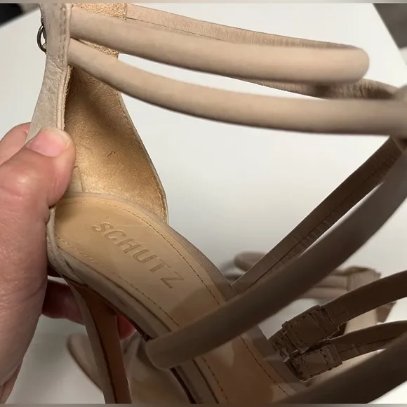 Schutz Women’s 7.5 High Heels Nude Strappy Stiletto Pump Leather Shoes