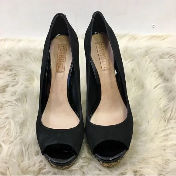 Schutz Black Suede Peep toe Platform Cara Shoes 9