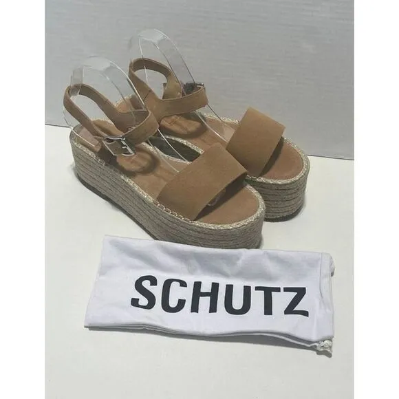 Schutz Vanderlita Suede Platform Jute Espadrille Sandals Desert Tan Size 10