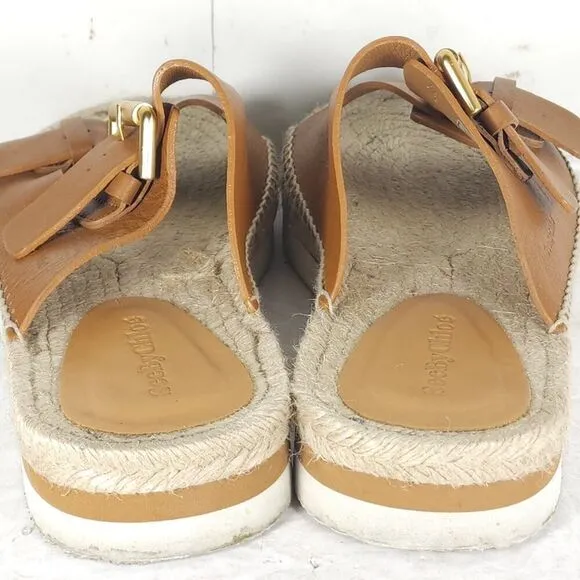 See by Chloe Women's Glyn 38 US7,5 Brown Leather Espadrille Mules Slide Sandals