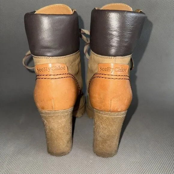See by Chloe Eileen Tan Lace Up Block Heel Logger Style Boots Shoes Size 38 US 8