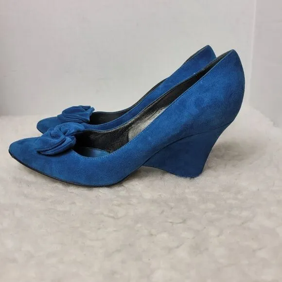 Sergio Rossi Women's Block Heel Shoes Size 7.5 Blue Suede Bow Accent