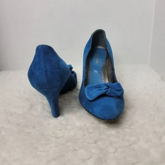 Sergio Rossi Women's Block Heel Shoes Size 7.5 Blue Suede Bow Accent