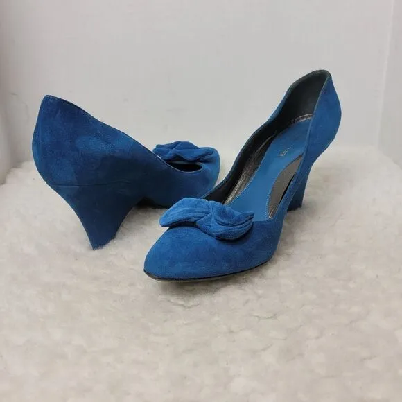 Sergio Rossi Women's Block Heel Shoes Size 7.5 Blue Suede Bow Accent
