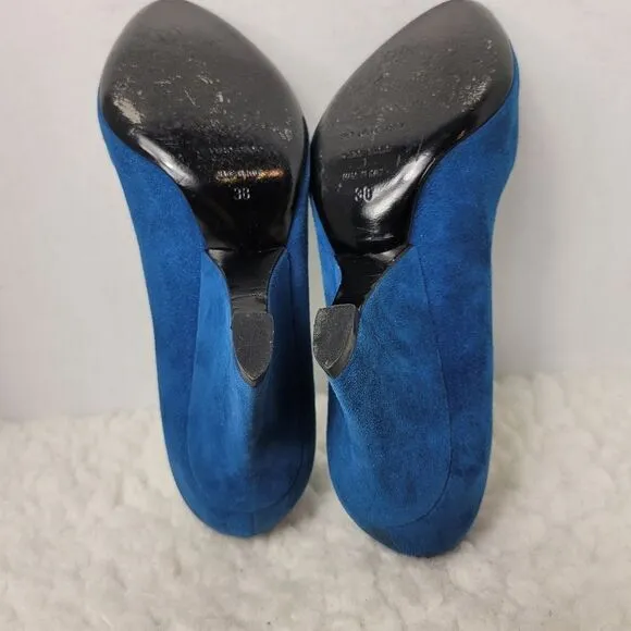 Sergio Rossi Women's Block Heel Shoes Size 7.5 Blue Suede Bow Accent