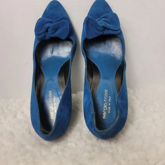 Sergio Rossi Women's Block Heel Shoes Size 7.5 Blue Suede Bow Accent