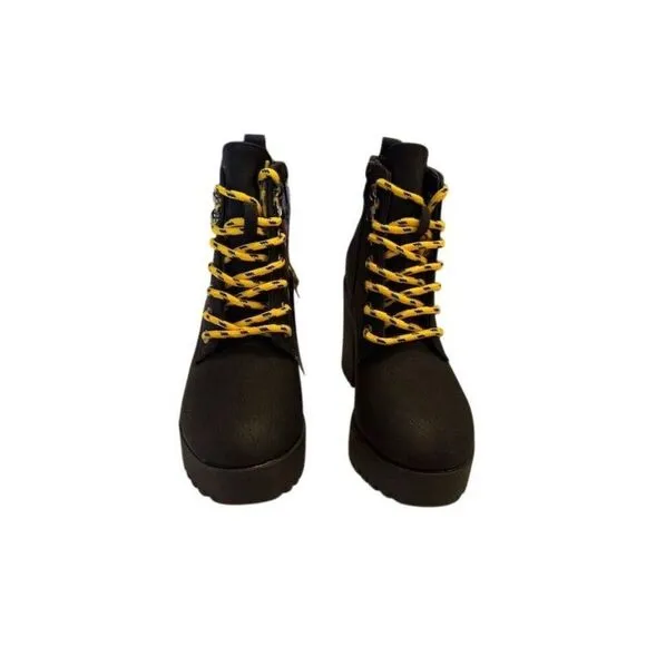 Seven7 Women's Platform Lug Sole Boots Black Yellow Laces Size 9