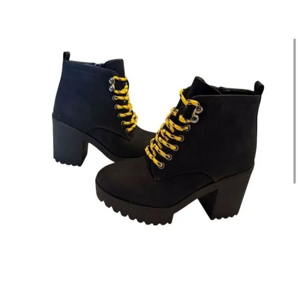Seven7 Women's Platform Lug Sole Boots Black Yellow Laces Size 9