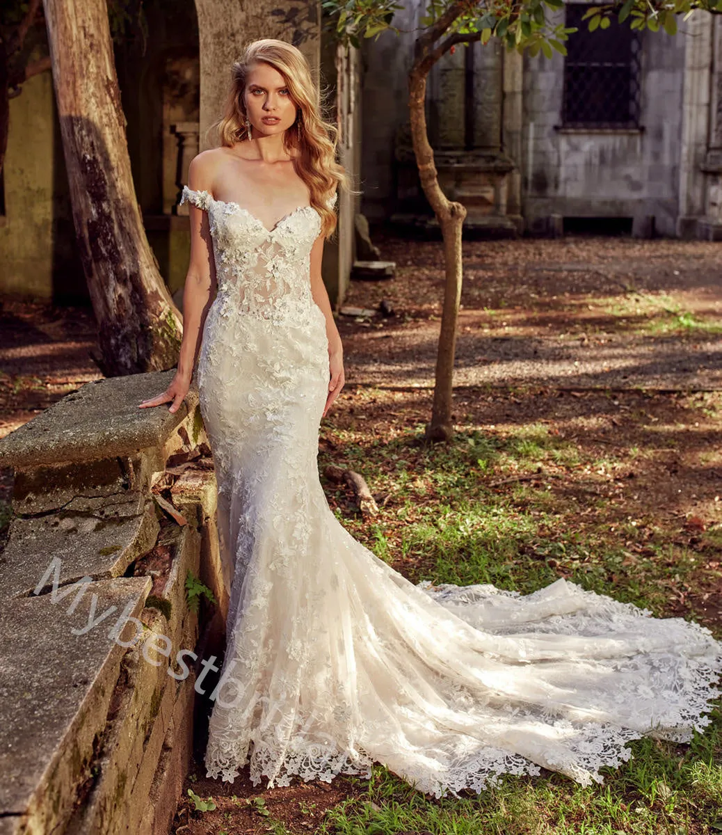 Sexy V-neck Sleeveless Mermaid Lace applique Wedding Dresses, WDY0345