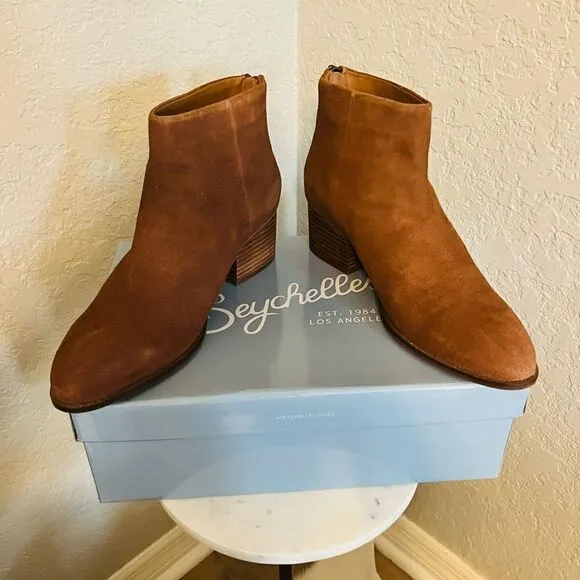 SEYCHELLES Floodplain Block Heel Suede Bootie, Brown/Cognac, Size 9 NWT