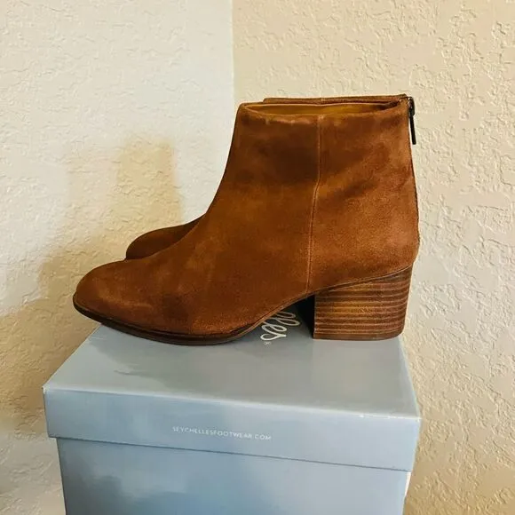 SEYCHELLES Floodplain Block Heel Suede Bootie, Brown/Cognac, Size 9 NWT