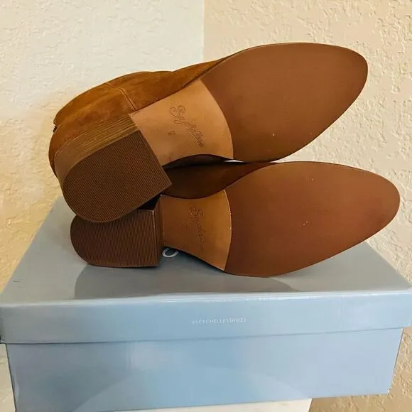 SEYCHELLES Floodplain Block Heel Suede Bootie, Brown/Cognac, Size 9 NWT