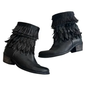 Sheridan Mia Sienna Genuine Black Calf Hair Fringe Boots, Sz 38
