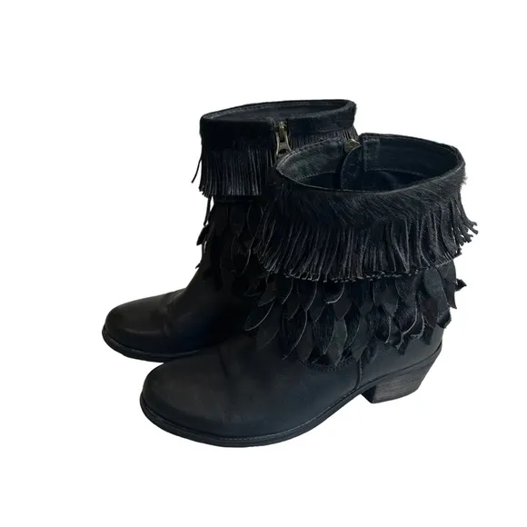 Sheridan Mia Sienna Genuine Black Calf Hair Fringe Boots, Sz 38