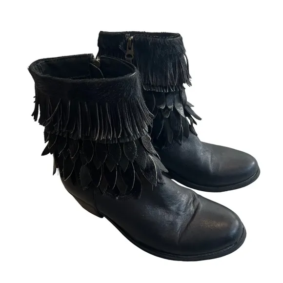 Sheridan Mia Sienna Genuine Black Calf Hair Fringe Boots, Sz 38