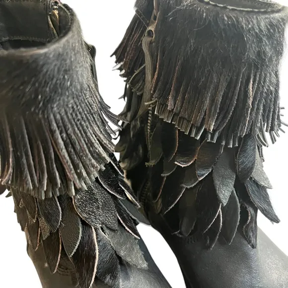 Sheridan Mia Sienna Genuine Black Calf Hair Fringe Boots, Sz 38