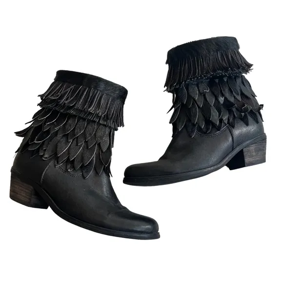 Sheridan Mia Sienna Genuine Black Calf Hair Fringe Boots, Sz 38