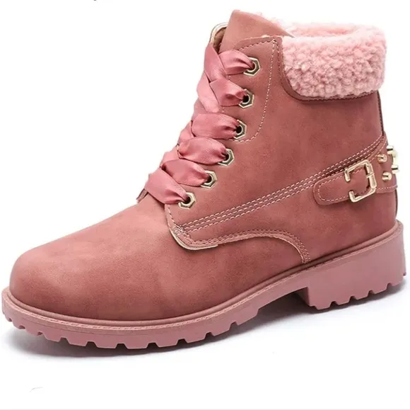 SHERPA SHEARLING Fur Lined Military Combat Laceup Ankle Booties EUC
