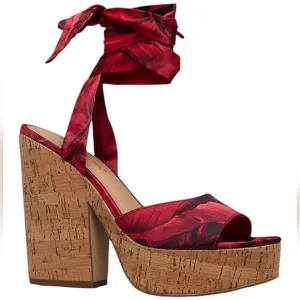 ☆Shoedazzle Bertena Fuschia Floral Lace Up Platform Heeled Corkscrew Sandals☆