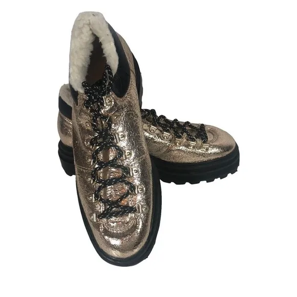 Shutz Lucille Boots Womens 8.5 Gold Metallic Lug Sole Shearling Y2K Bootie