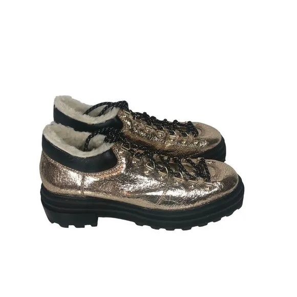 Shutz Lucille Boots Womens 8.5 Gold Metallic Lug Sole Shearling Y2K Bootie