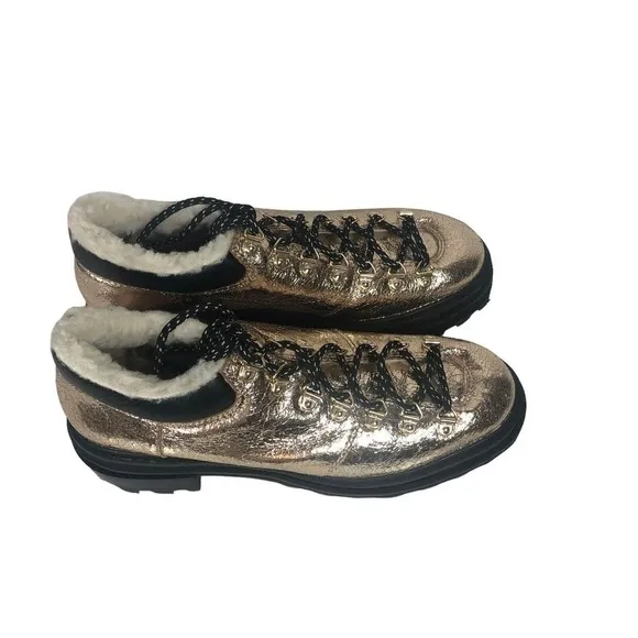 Shutz Lucille Boots Womens 8.5 Gold Metallic Lug Sole Shearling Y2K Bootie