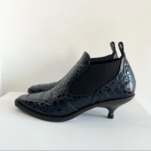 Sies Marjan navy croc embossed kitten heel booties