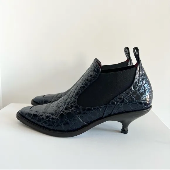 Sies Marjan navy croc embossed kitten heel booties